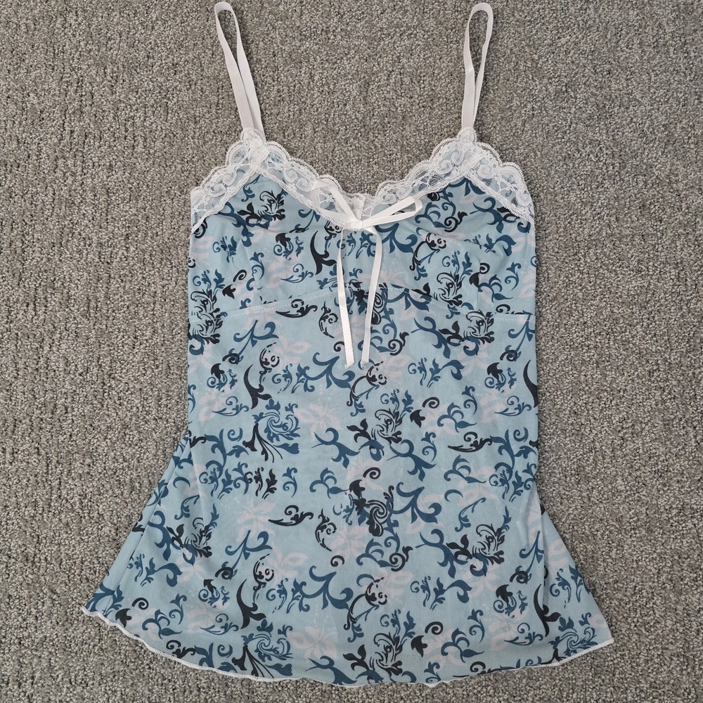 Y2K Sheer Mesh Floral Cami Top S‎ Lace Babydoll Fairy Blue Coquette